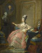 Portrait of Marie Josephine of Savoy Countess of Provence pointing to a bust of her husband overlooked by a portrait of her father unknow artist
